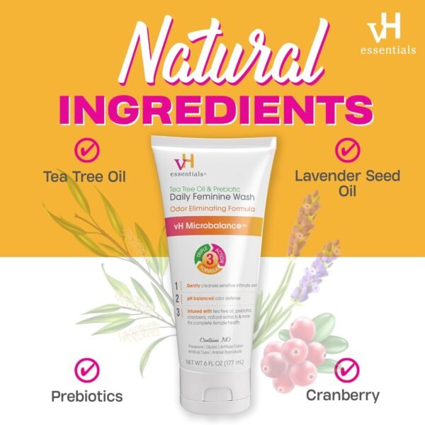 vH essentials, Ph Balanced Daily Feminine Wash, Tea Tree Oil & Prebiotic, 6, Fl Oz