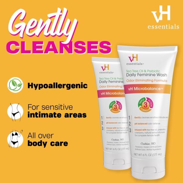 vH essentials, Ph Balanced Daily Feminine Wash, Tea Tree Oil & Prebiotic, 6, Fl Oz - Image 2